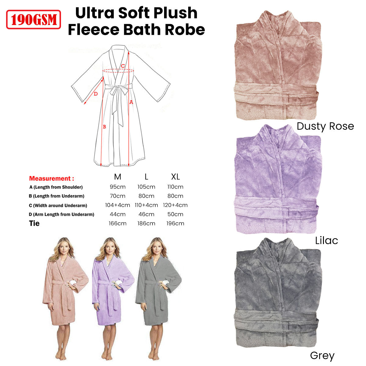 Ultra Soft Plush Fleece Bath Robe Lilac M - 190GSM, Solid Colour Design
