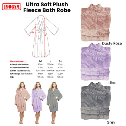 Ultra Soft Plush Fleece Bath Robe Lilac M - 190GSM, Solid Colour Design
