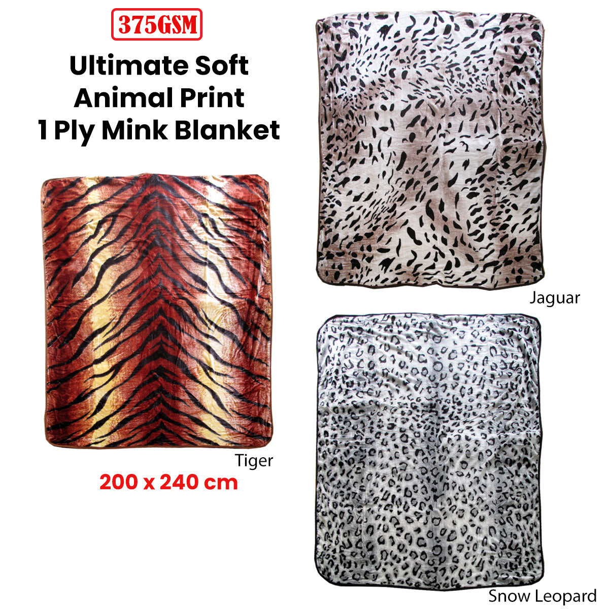 375gsm Animal Print Faux Mink Blanket Queen 200x240 cm - Jaguar Design - SuperSaverAU - view 2