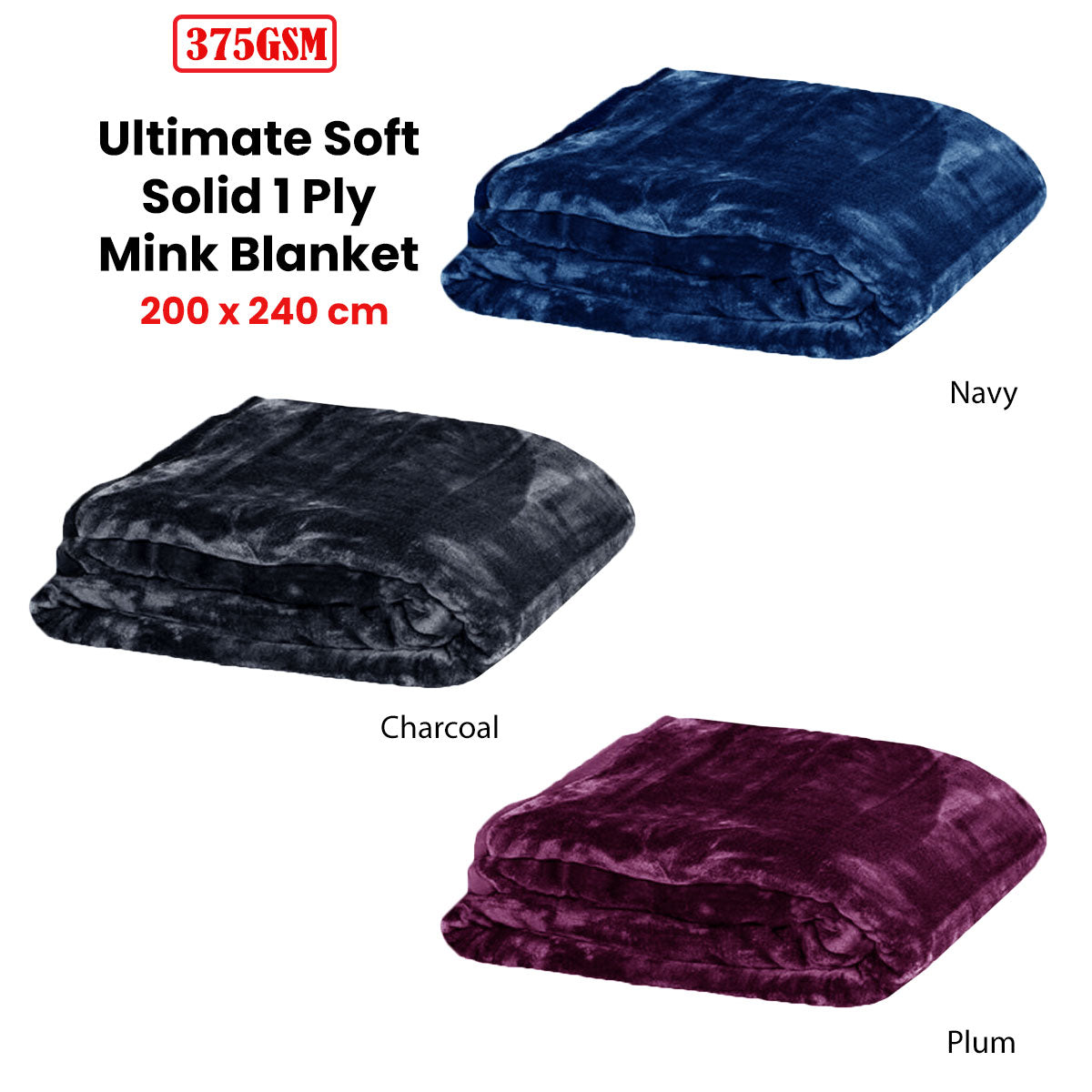 Faux Mink Blanket Queen 200x240 cm 375gsm Solid Navy - Warm & Comfortable - SuperSaverAU - view 2