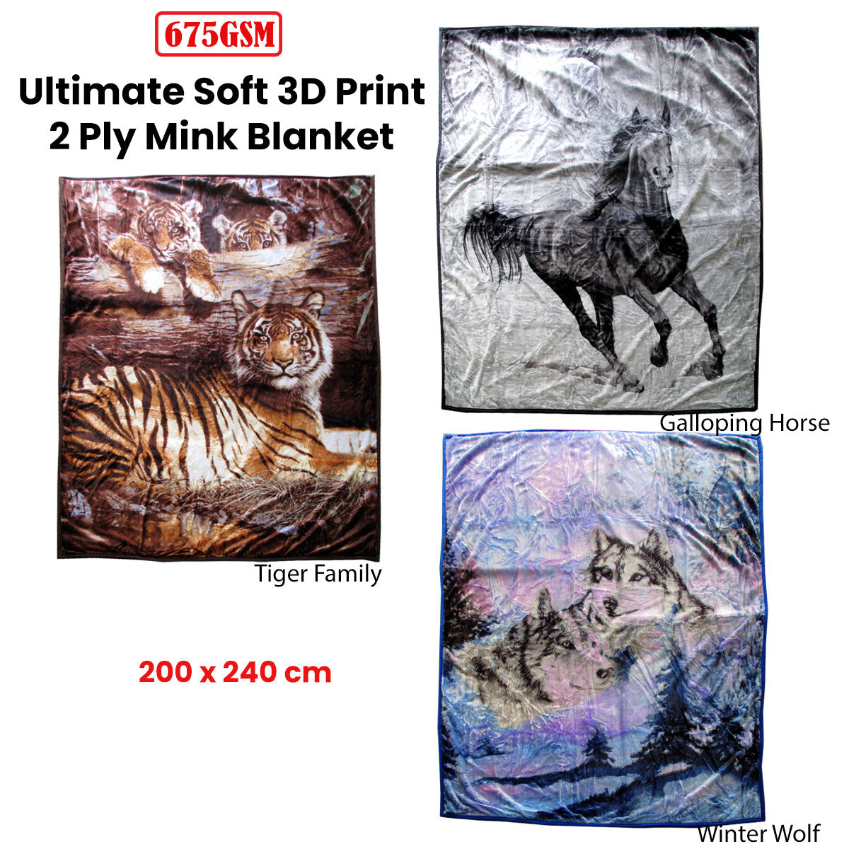 Faux Mink Blanket 675gsm 2 Ply 200x240 cm Winter Wolf Design - SuperSaverAU - view 2