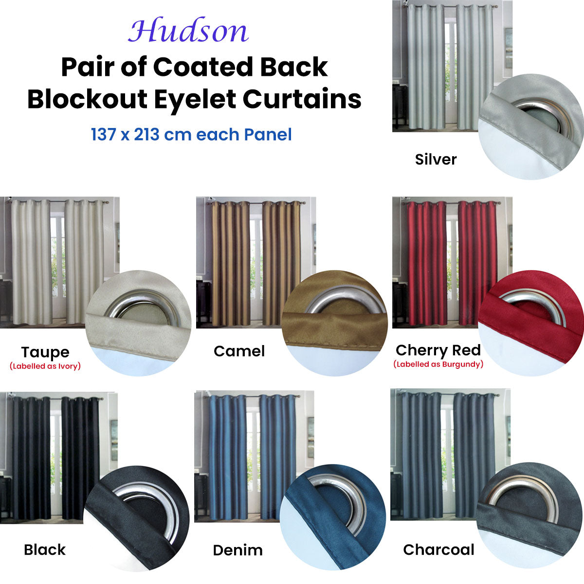 Emporio Hudson Blockout Eyelet Curtains Pair - Black, 137 x 213cm Each