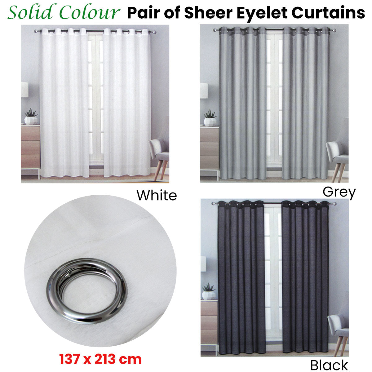 Solid Colour Sheer Eyelet Curtains 137 x 213 cm - Black, Easy to Hang, Machine Washable