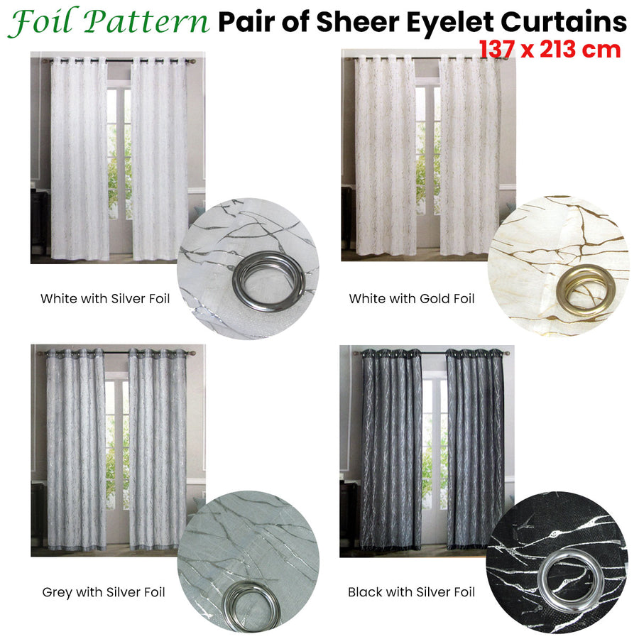 Foil Pattern Sheer Eyelet Curtains Grey with Silver Foils 137 x 213 cm - SuperSaverAU - view 1