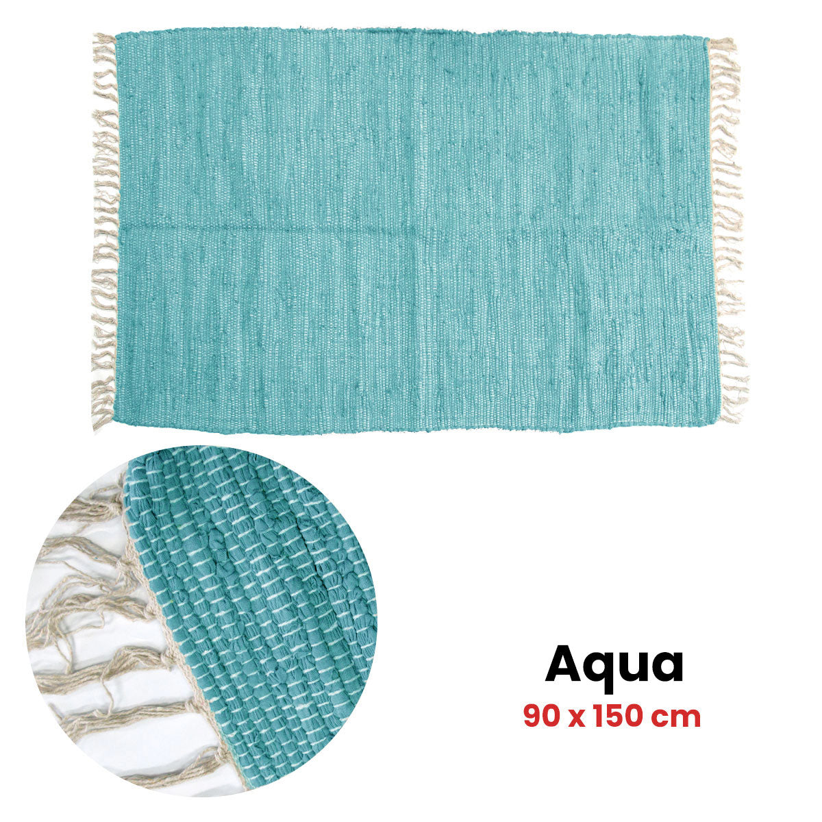 Large Chindi Cotton Handmade Floor Mat with Tassels 90 x 150 cm - Aqua - SuperSaverAU - view 2
