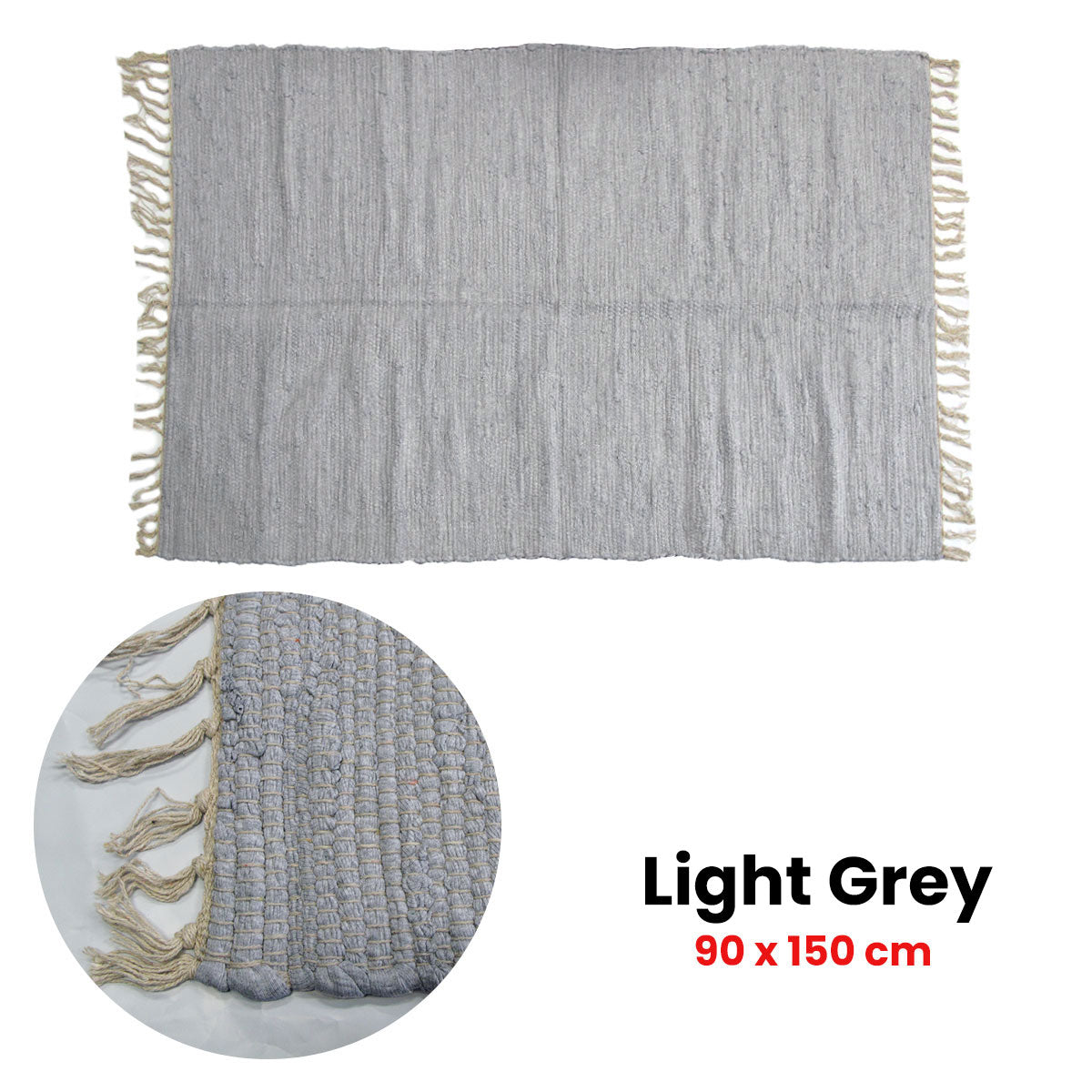 Large Chindi Cotton Handmade Floor Mat with Tassels 90 x 150 cm - Light Grey - SuperSaverAU - view 1