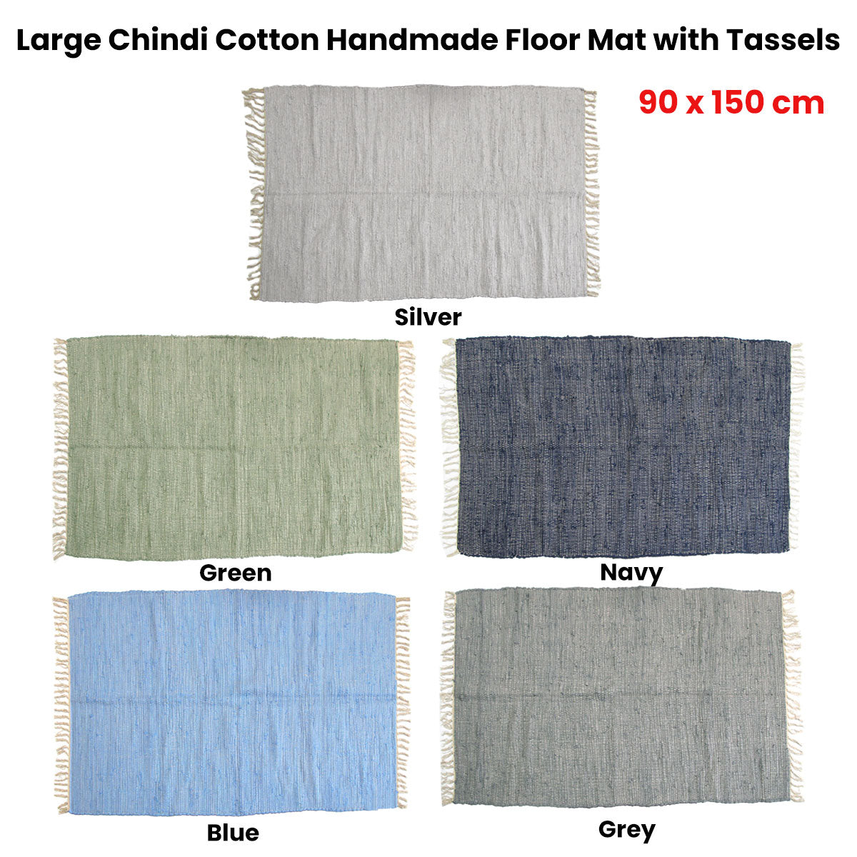 Large Chindi Cotton Handmade Floor Mat with Tassels 90 x 150 cm - Navy - SuperSaverAU - view 1
