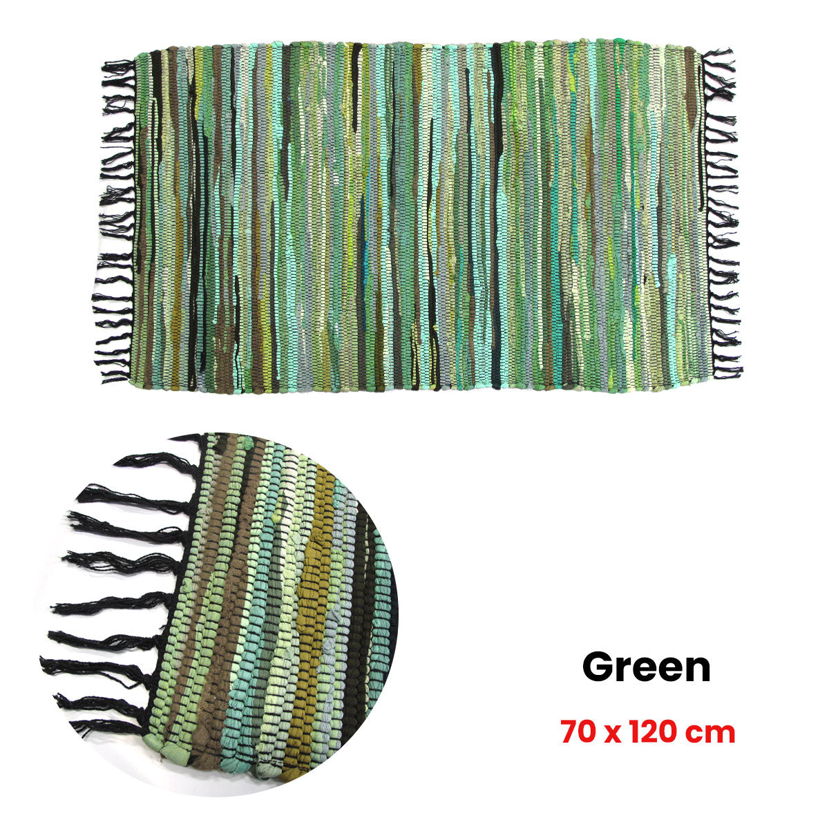 Tonal Chindi Cotton Handmade Floor Mat with Tassels 70 x 120 cm - Green - SuperSaverAU - view 2