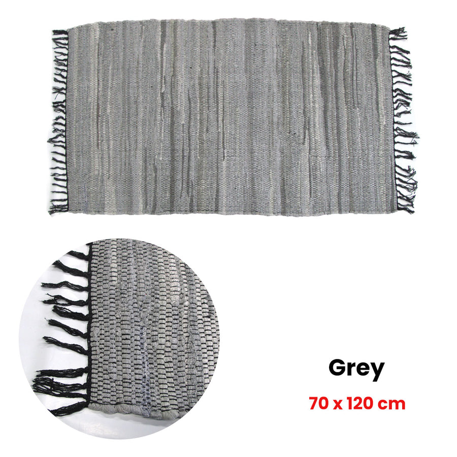 Tonal Chindi Cotton Handmade Floor Mat with Tassels 70 x 120 cm - Grey - SuperSaverAU - view 1