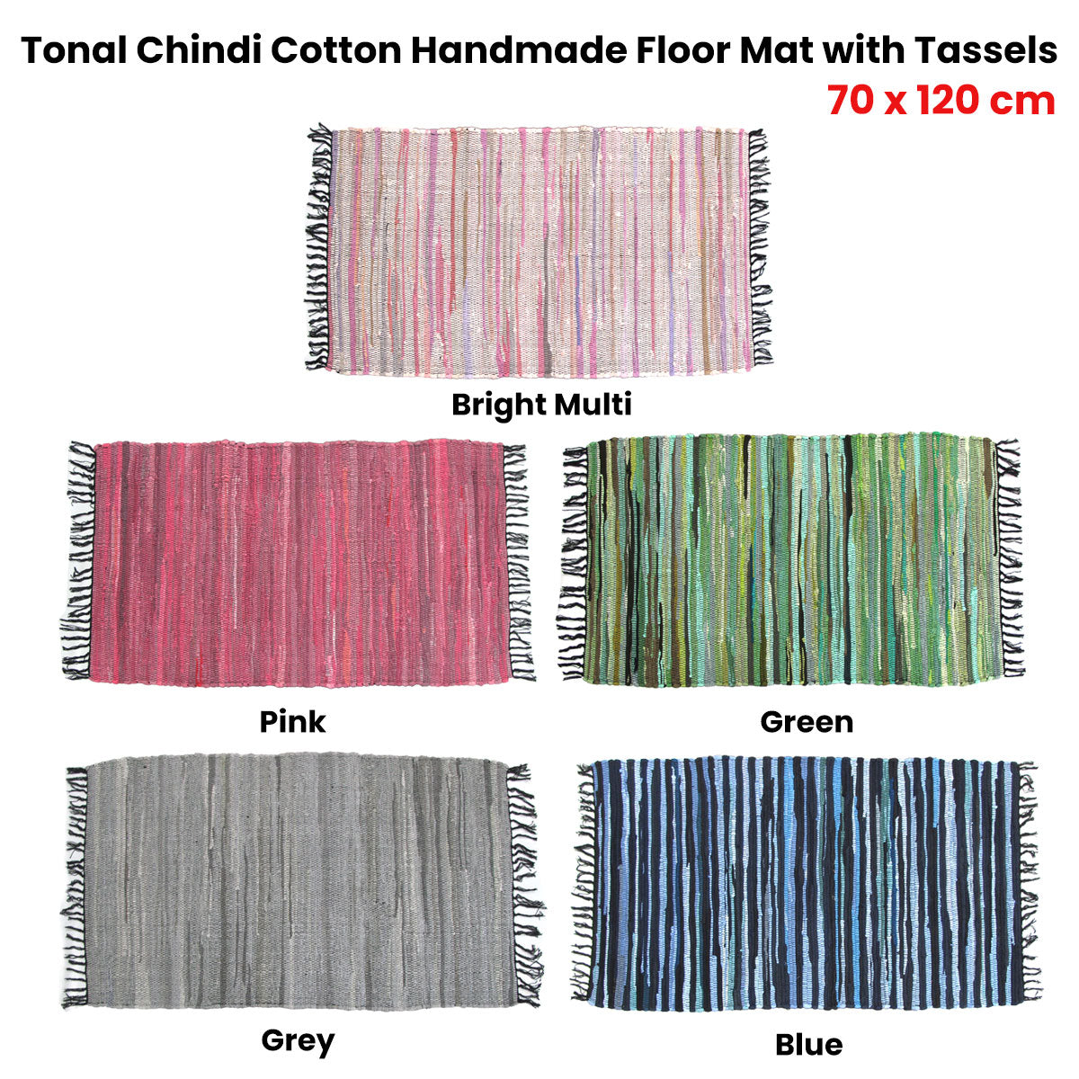 Tonal Chindi Cotton Handmade Floor Mat with Tassels 70 x 120 cm - Grey - SuperSaverAU - view 2