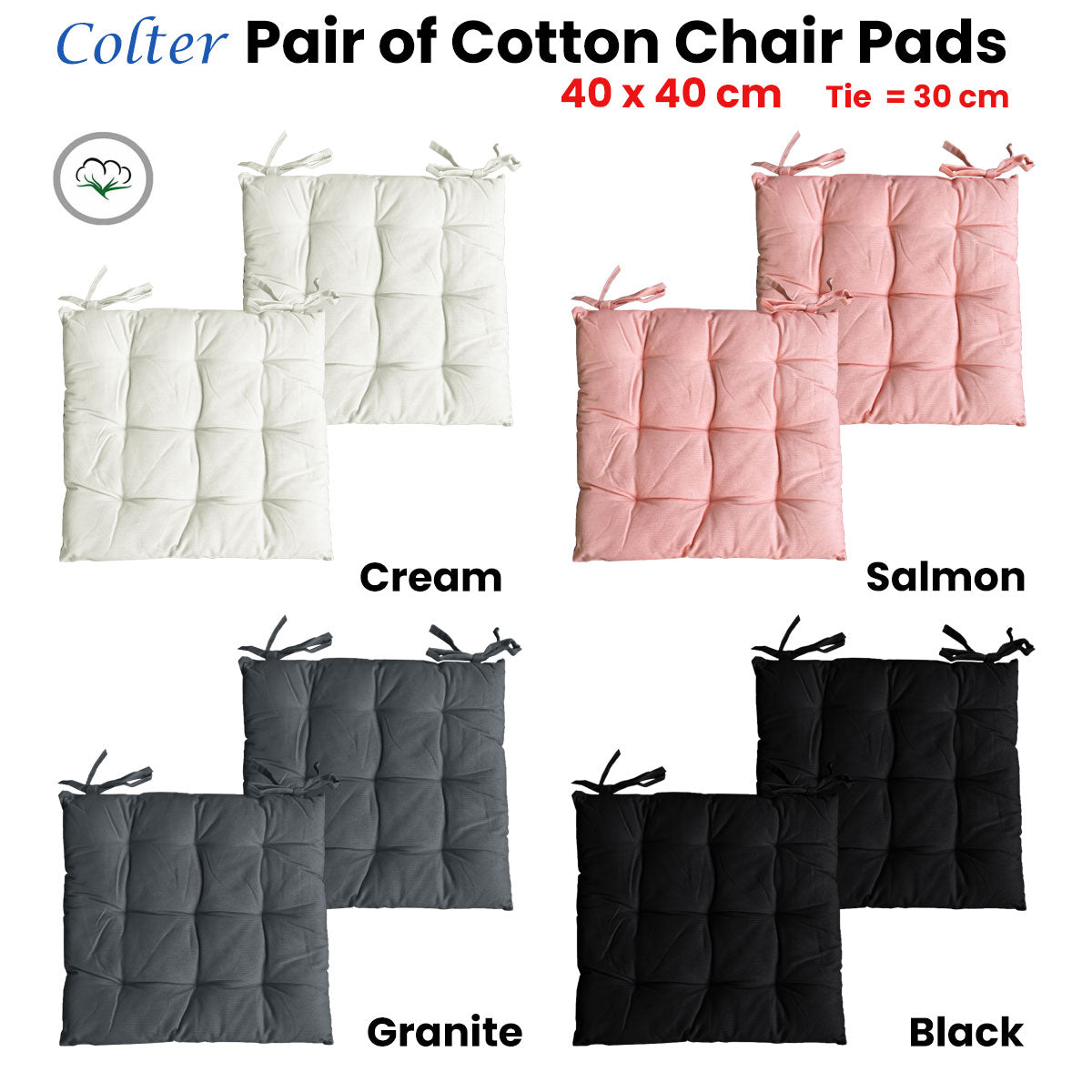 Colter Set of 2 Cotton Chair Pads 40 x 40 cm - Solid Colour Design, Machine Washable - SuperSaverAU - view 1