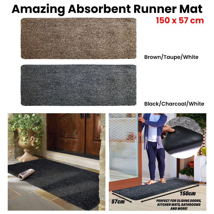 Amazing Absorbent Runner Mat 150 x 57 cm - Antislip, Textured Design, Black/Charcoal/White - SuperSaverAU - view 1