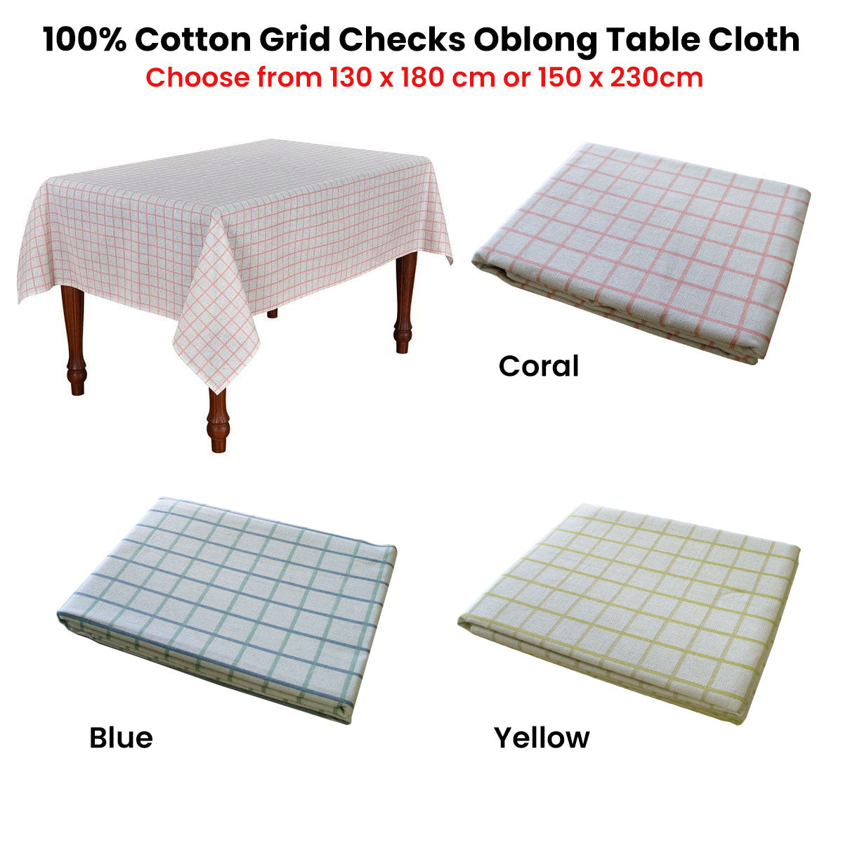 Cotton Grid Checks Oblong Table Cloth Coral 130 x 180cm - Checkered Design