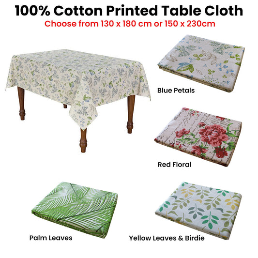 Cotton Printed Oblong Table Cloth 150 x 230cm - Floral Design, Machine Washable