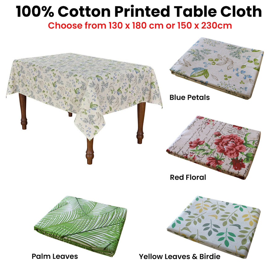 Cotton Printed Oblong Table Cloth 150 x 230cm - Floral Design, Machine Washable - SuperSaverAU - view 1