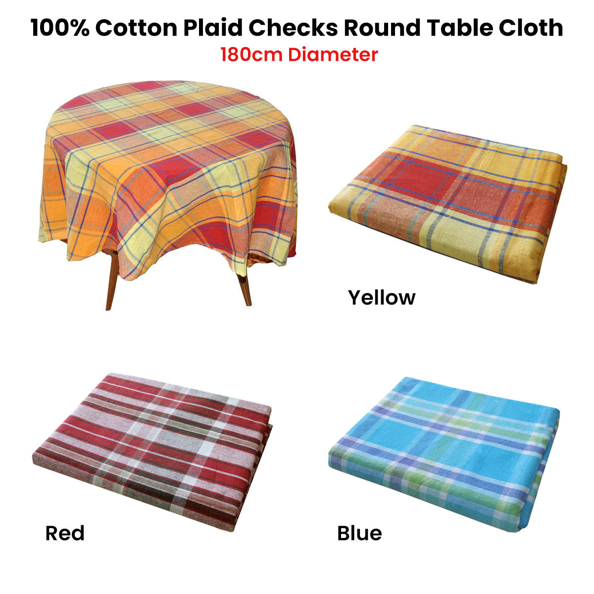 Cotton Plaid Checks Round Table Cloth 180cm Diameter - Yellow, Machine Washable