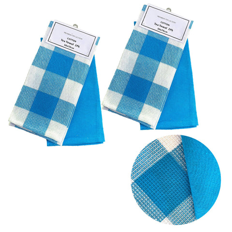 Set of 4 Cotton Waffle Checkered & Plain Dyed Tea Towels 50cm x 70cm Aqua - SuperSaverAU - view 1