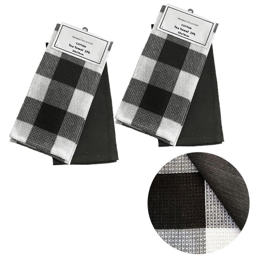 Set of 4 Cotton Waffle Checkered & Plain Dyed Tea Towels 50cm x 70cm Black - SuperSaverAU - view 1