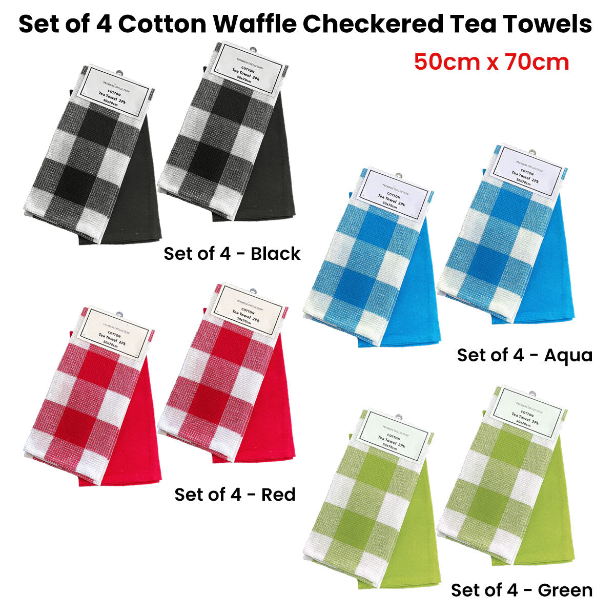 Set of 4 Cotton Waffle Checkered & Plain Dyed Tea Towels 50cm x 70cm Green - SuperSaverAU - view 2