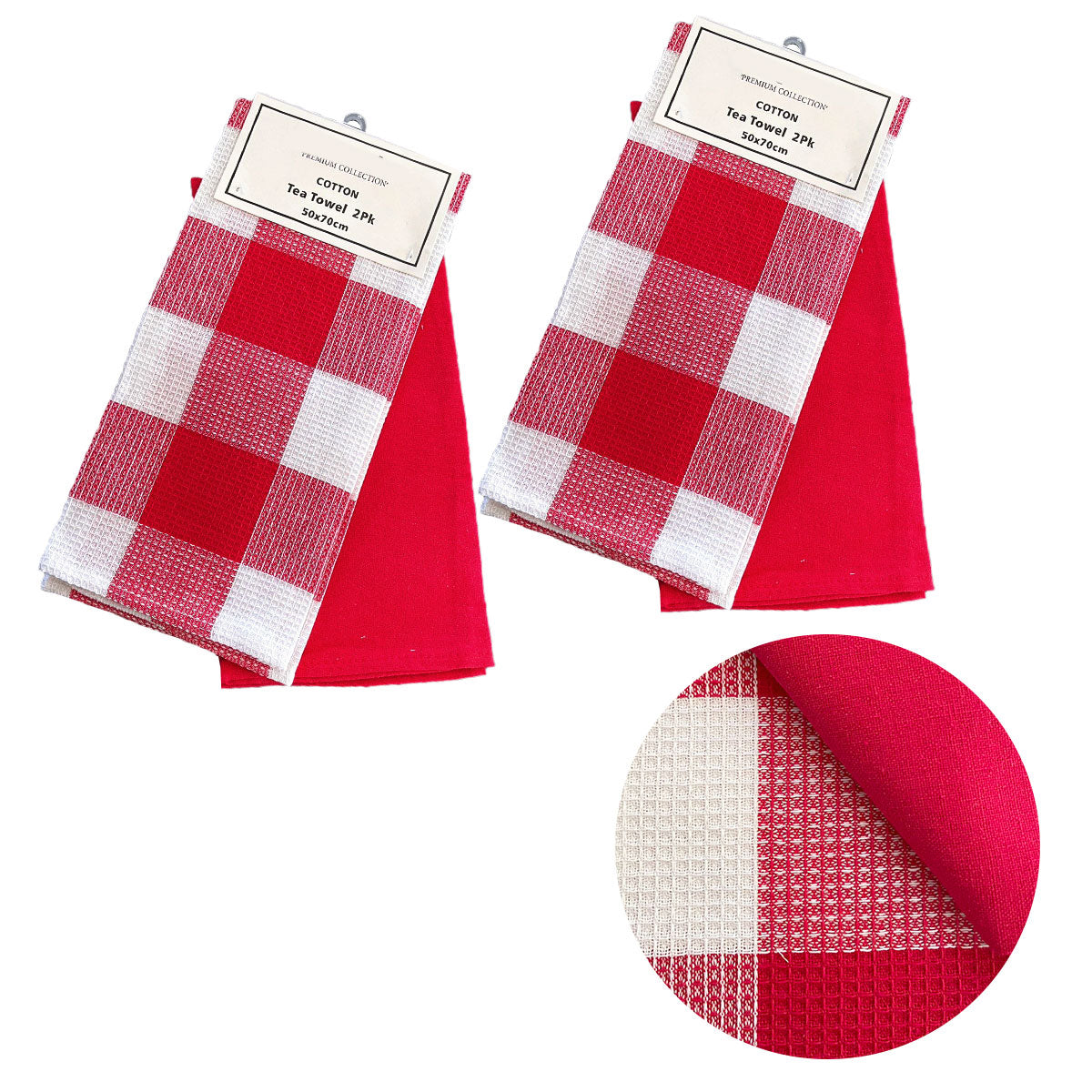 Set of 4 Cotton Waffle Checkered & Plain Dyed Tea Towels 50cm x 70cm Red - SuperSaverAU - view 1