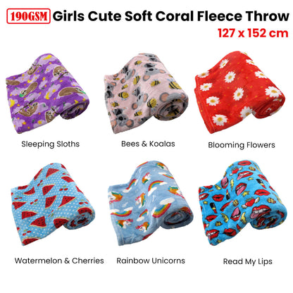 Girls Cute Ultra Soft Coral Fleece Throw 127 x 152cm Rainbow Unicorns