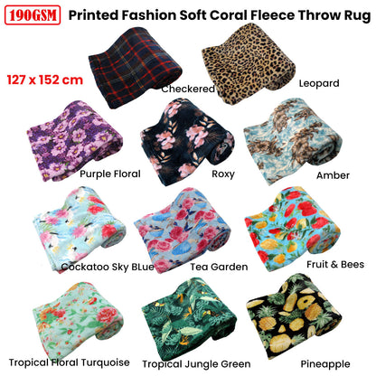 Coral Fleece Throw 127 x 152cm - Tropical Jungle Green, 190GSM, Printed Design