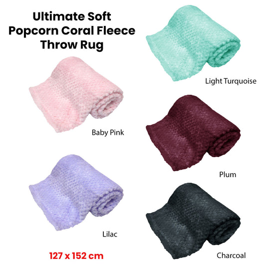 180GSM Soft Popcorn Coral Fleece Throw Rug 127 x 152cm - Light Turquoise, Designed in Australia