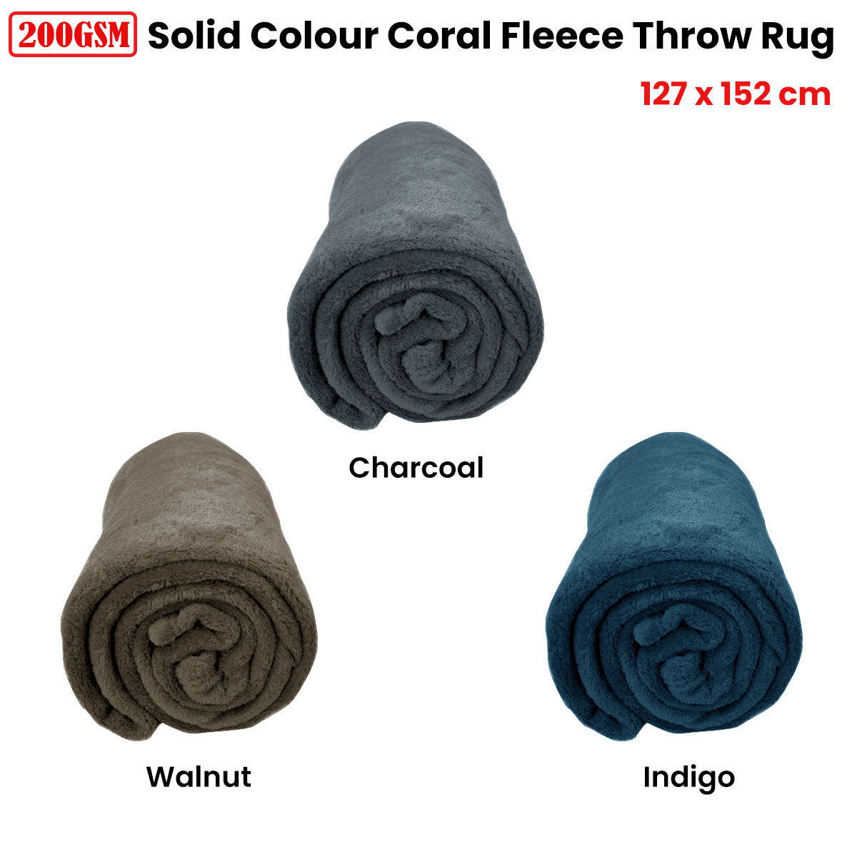 Solid Colour Soft Coral Fleece Throw Rug 127 x 152 cm - Walnut, 200gsm - SuperSaverAU - view 1