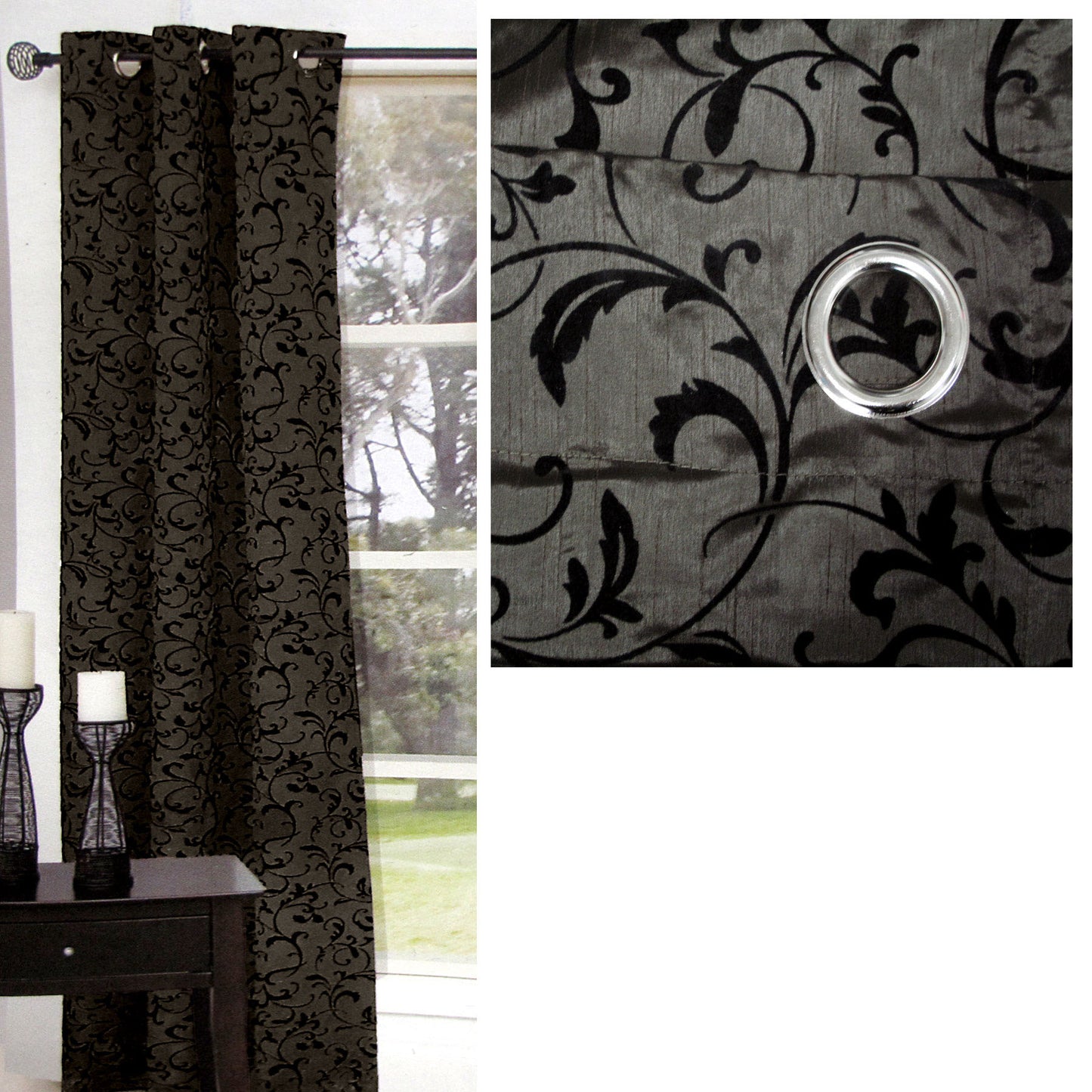 Options Flocking Floral Curtain 110 x 213 cm Charcoal - Polyester, Machine Washable