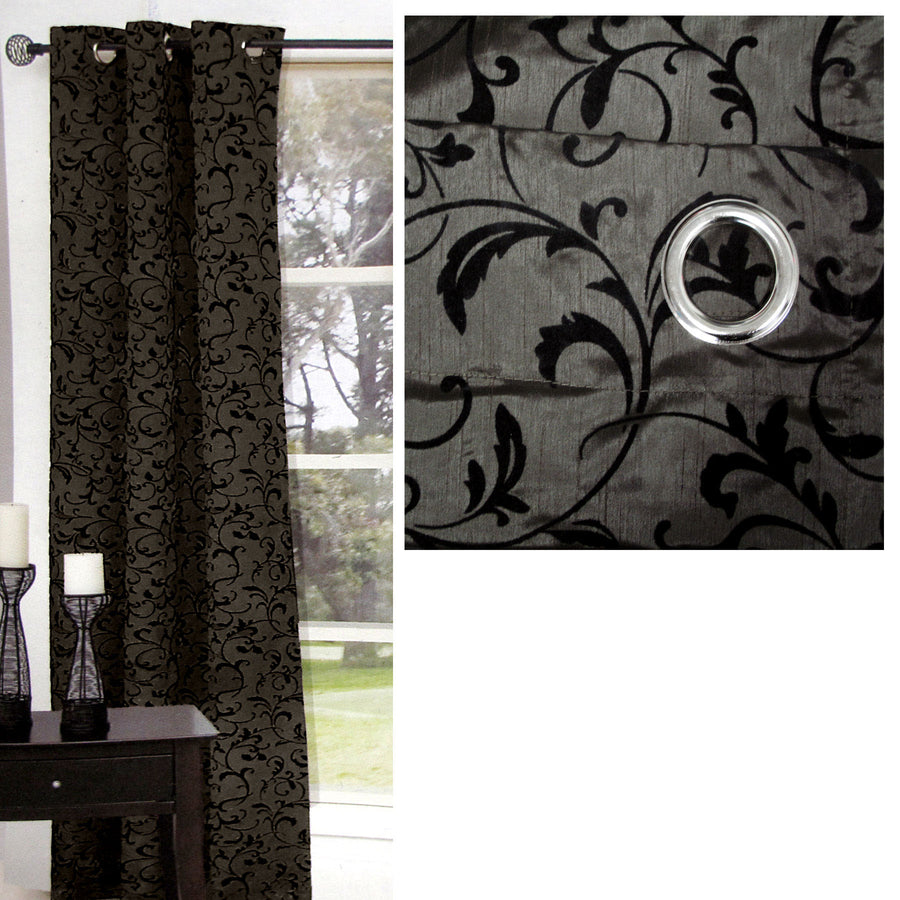 Options Flocking Floral Curtain 110 x 213 cm Charcoal - Polyester, Machine Washable - SuperSaverAU - view 1