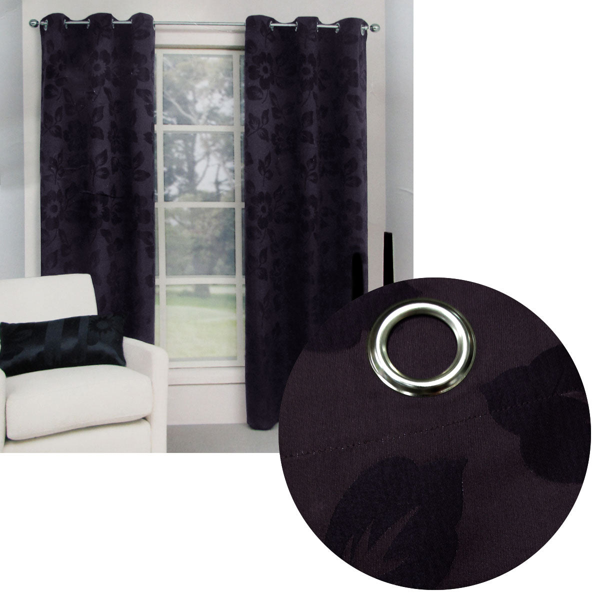 Belmondo Provincial Eyelet Jacquard Curtains 120 x 220cm - Aubergine Floral - SuperSaverAU - view 1