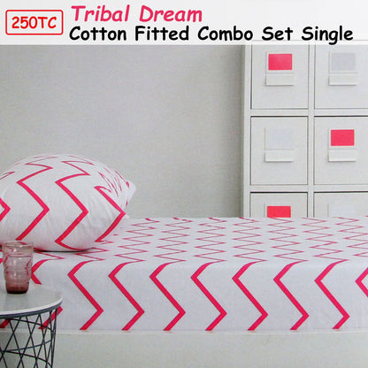 Tribal Dream 250TC 100% Cotton Fitted Combo Set Single - Hot Pink Design