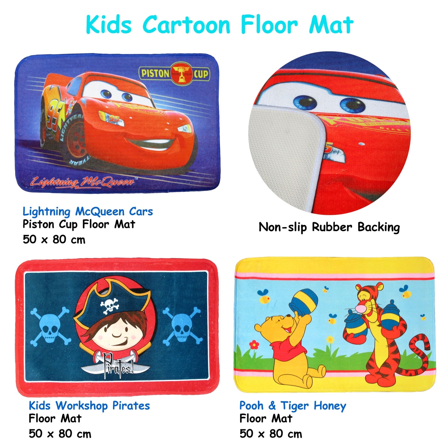 Kids Cartoon Rubber Backed Floor Mat 50 x 80cm - Non-slip, McQueen Design