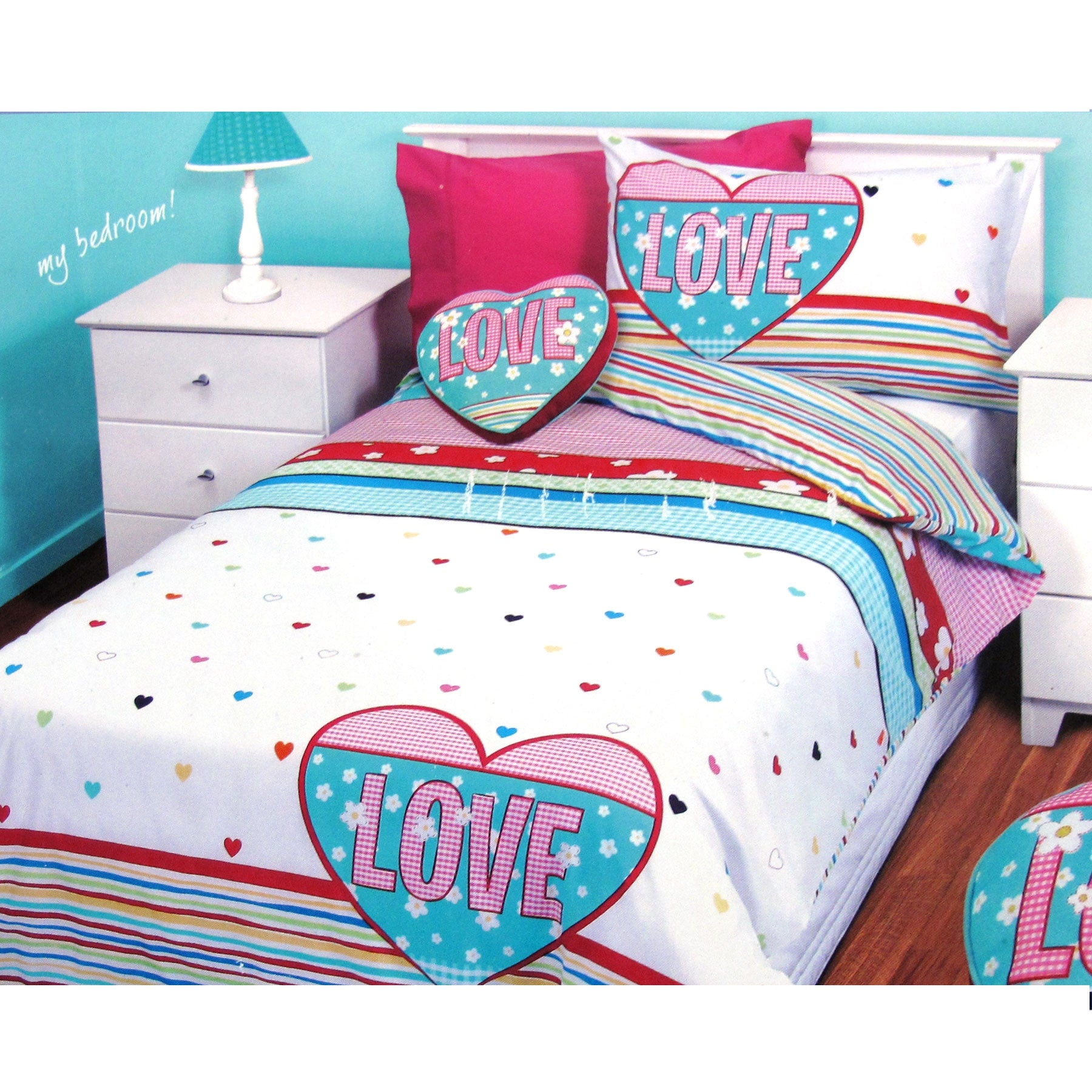 Kids Workshop Country Girl Quilt Cover Set Single - Hearts/Stripes Design - SuperSaverAU - view 1