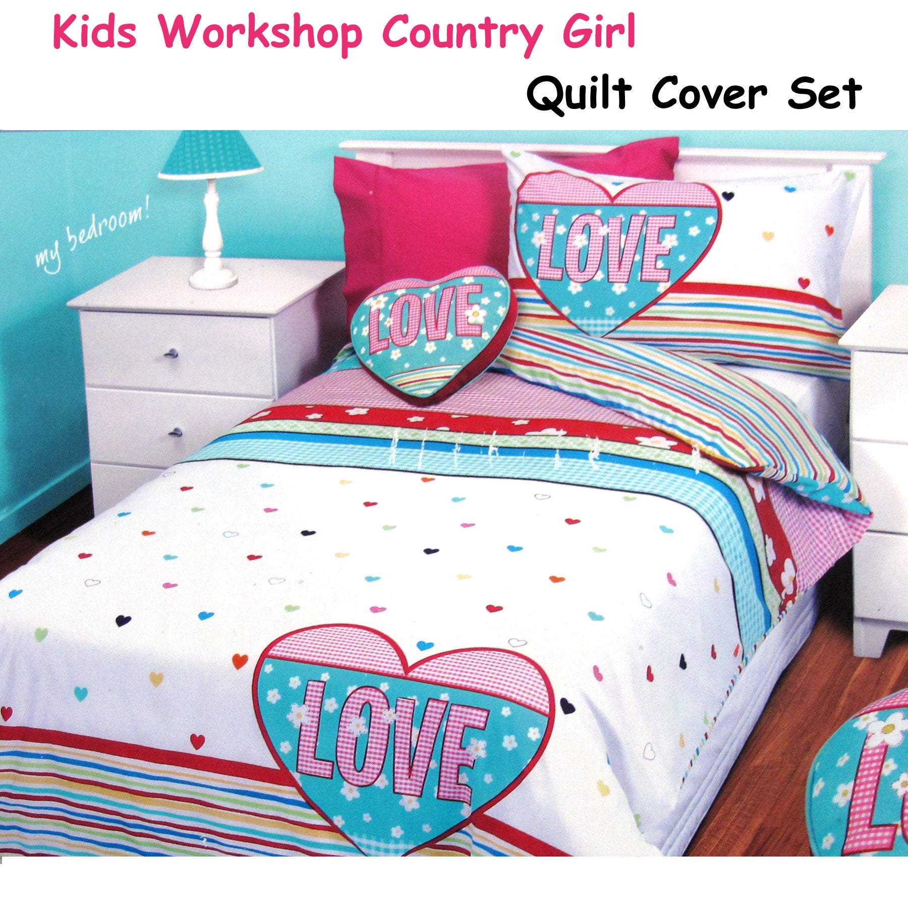 Kids Workshop Country Girl Quilt Cover Set Single - Hearts/Stripes Design - SuperSaverAU - view 2