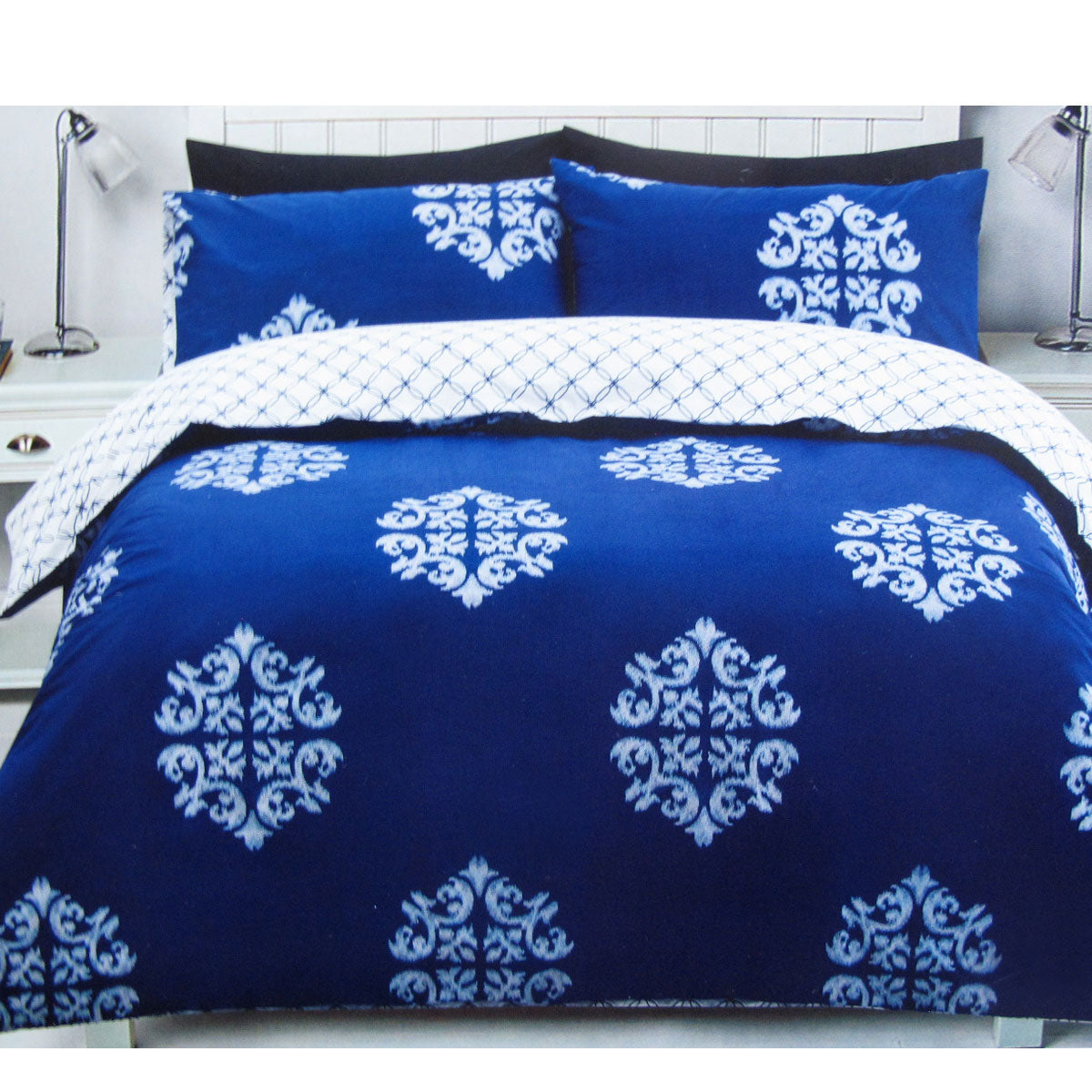 Geo Damask Quilt Cover Set 225TC Cotton Rich Easy Care Queen - Blue - SuperSaverAU - view 1