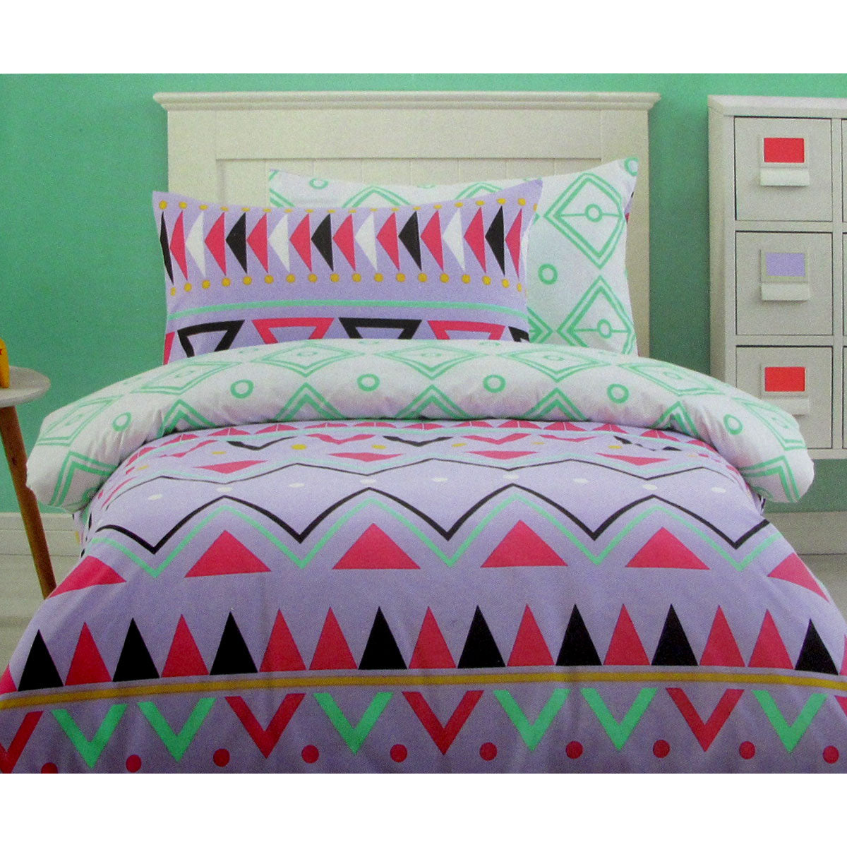 Tribal Dream 250TC 100% Cotton Quilt Cover Set Single - Lilac, Black, Green, Pink