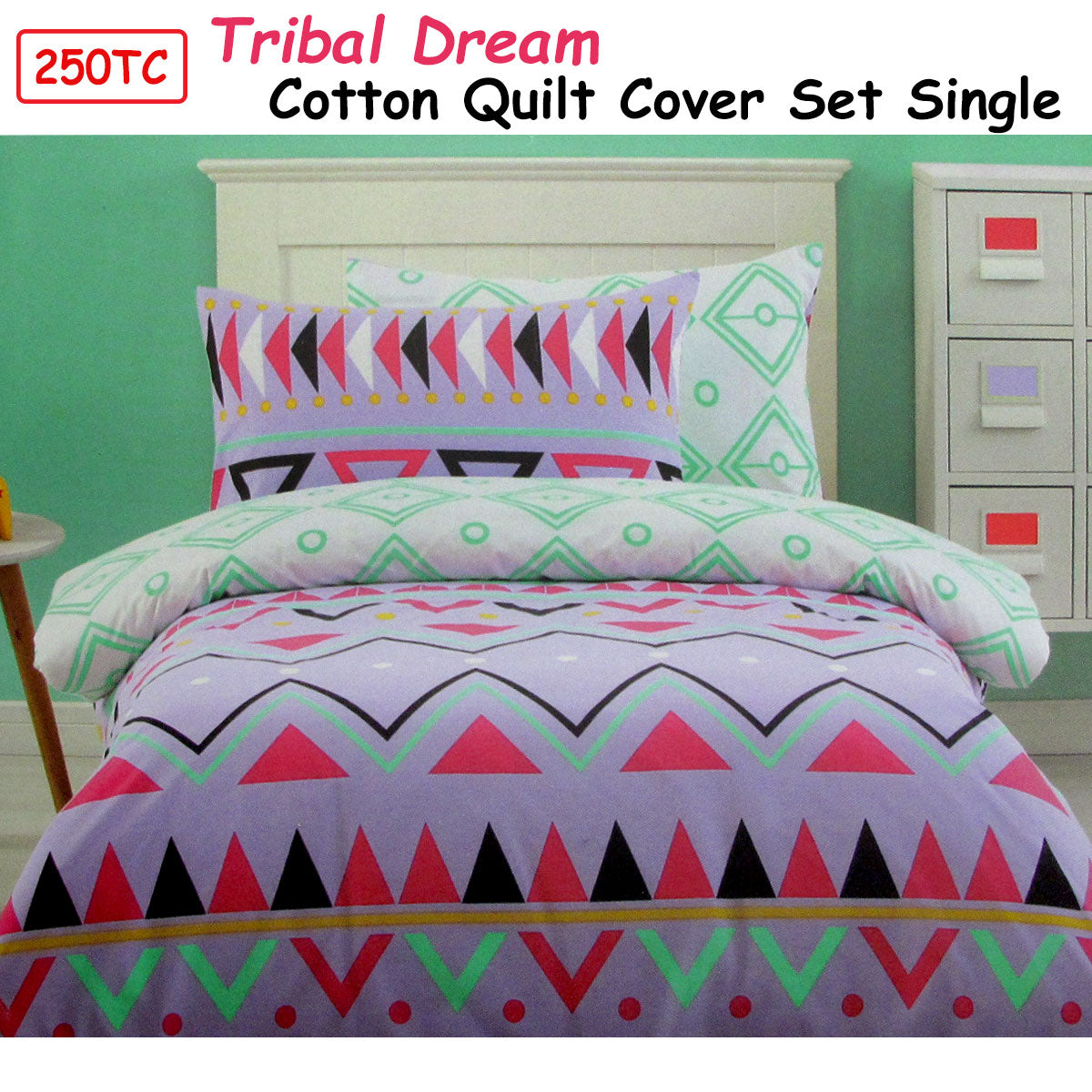 Tribal Dream 250TC 100% Cotton Quilt Cover Set Single - Lilac, Black, Green, Pink