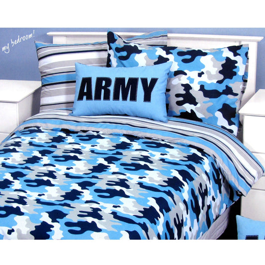 Kids Workshop Army Camouflage Blue Quilt Cover Set Single - 140 x 210 cm