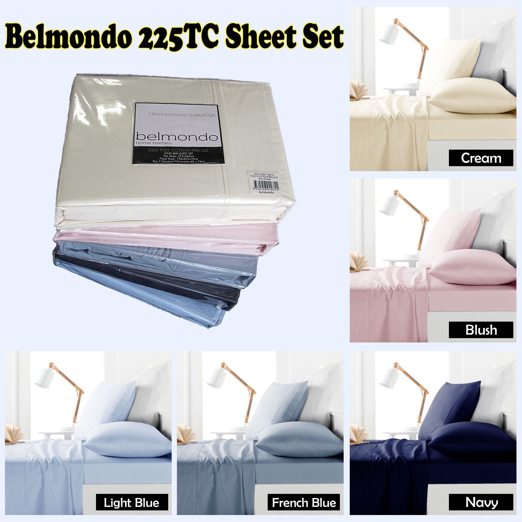 Belmondo 225TC Navy Sheet Set - Queen, Easy Care, Machine Washable - SuperSaverAU - view 1