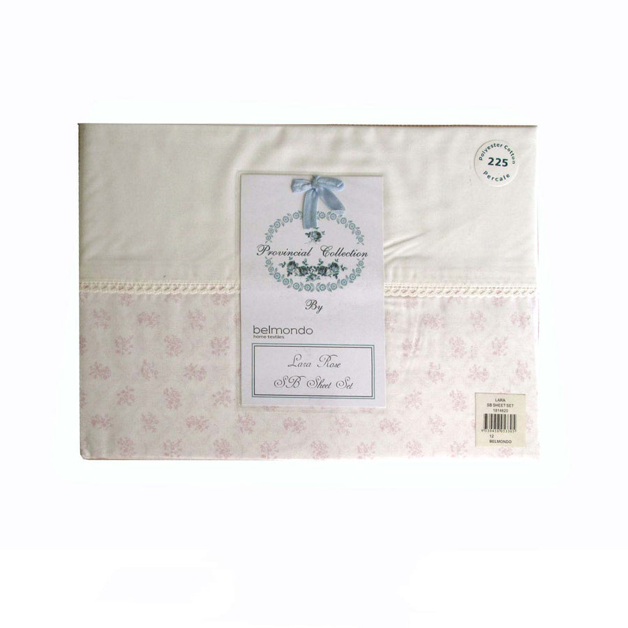 Belmondo Shabby Chic 225TC Lara Rose Sheet Set Single - Floral Print, Lace Trim - SuperSaverAU - view 1