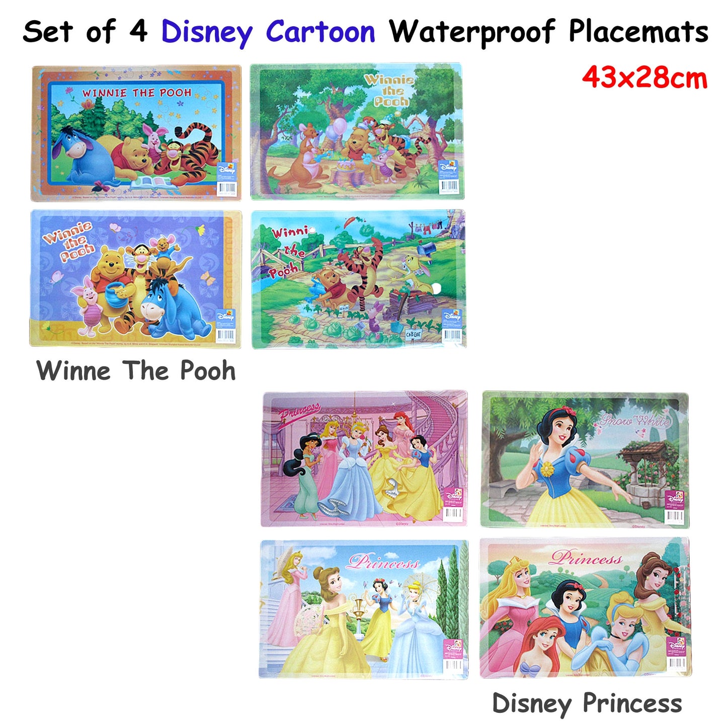 Disney Waterproof Placemats Set of 4, 43 x 28 cm, Winnie the Pooh Design