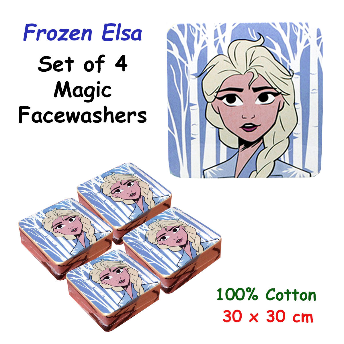 Caprice Frozen Elsa Set of 4 Cotton Facewashers 30 x 30 cm - Soft & Absorbent - SuperSaverAU - view 1