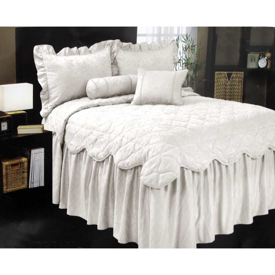 Phase 2 Antique White Jacquard Bedspread Set Queen, Lightly Quilted, Scalloped Edge - SuperSaverAU - view 1