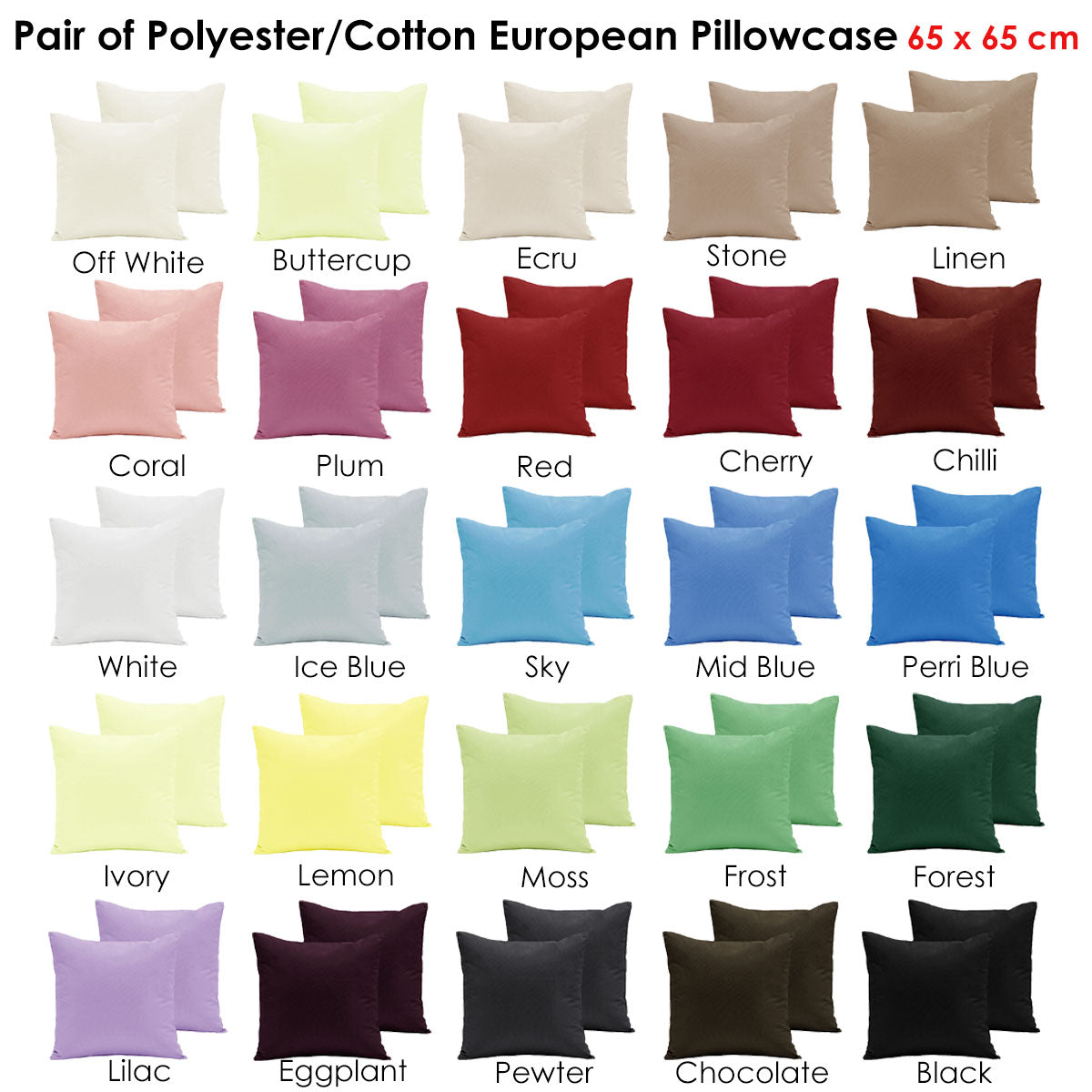 Polyester Cotton European Pillowcases 65 x 65 cm - Solid Colour Design, Ivory - SuperSaverAU - view 2