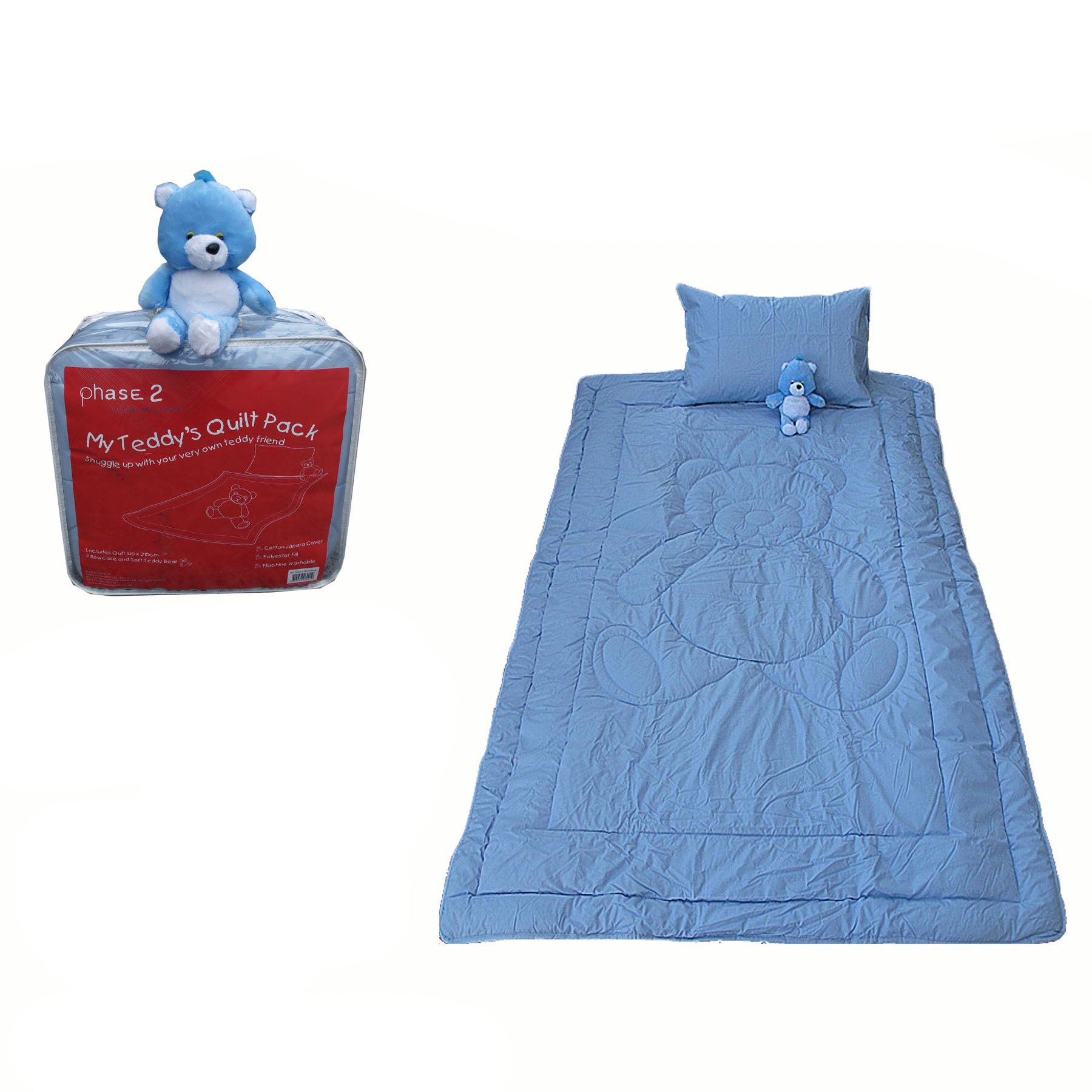 Phase 2 My Teddy's Quilt / Comforter Set with Toy Blue Single 140x210cm - SuperSaverAU - view 1