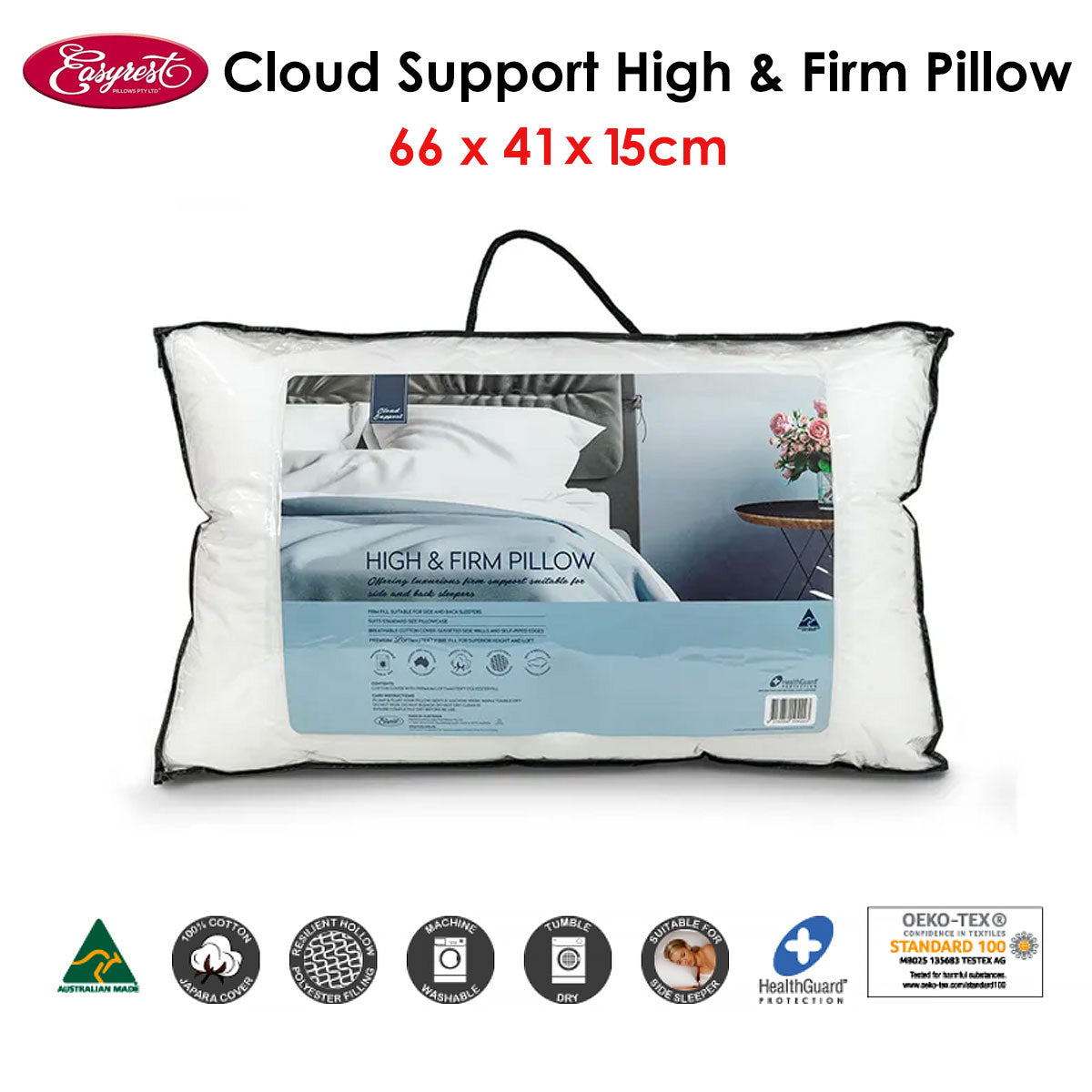 Easyrest Cloud Support Firm Pillow 66 x 41 x 15 cm - Breathable Cotton, Hypoallergenic
