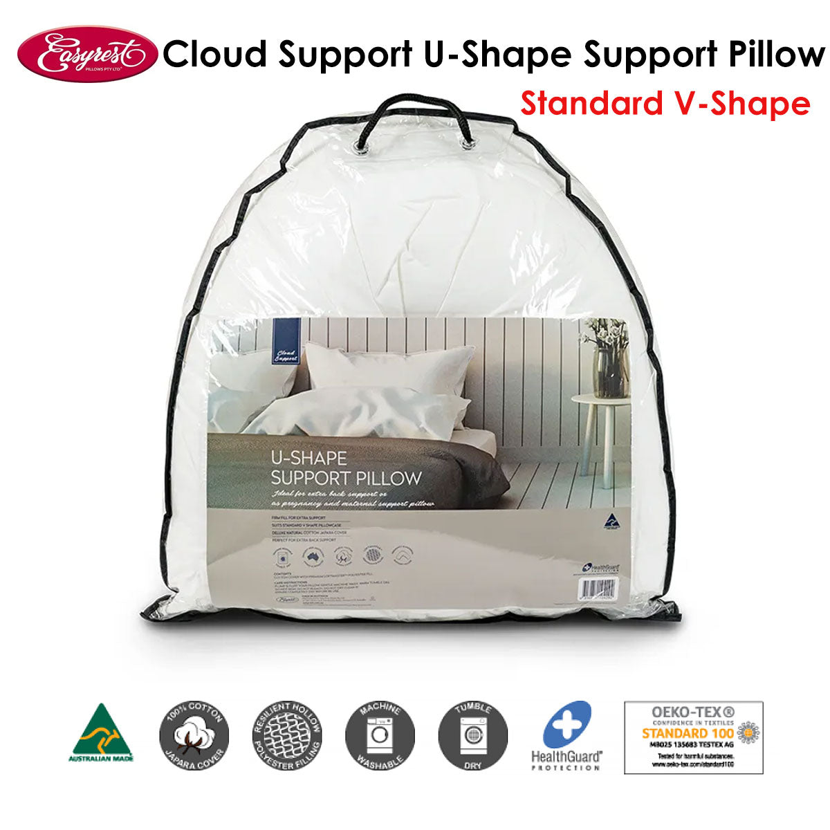 Easyrest Cloud Support U-Shape Support Pillow - Standard Size, Firm Fill, Cotton Cover - SuperSaverAU - view 1