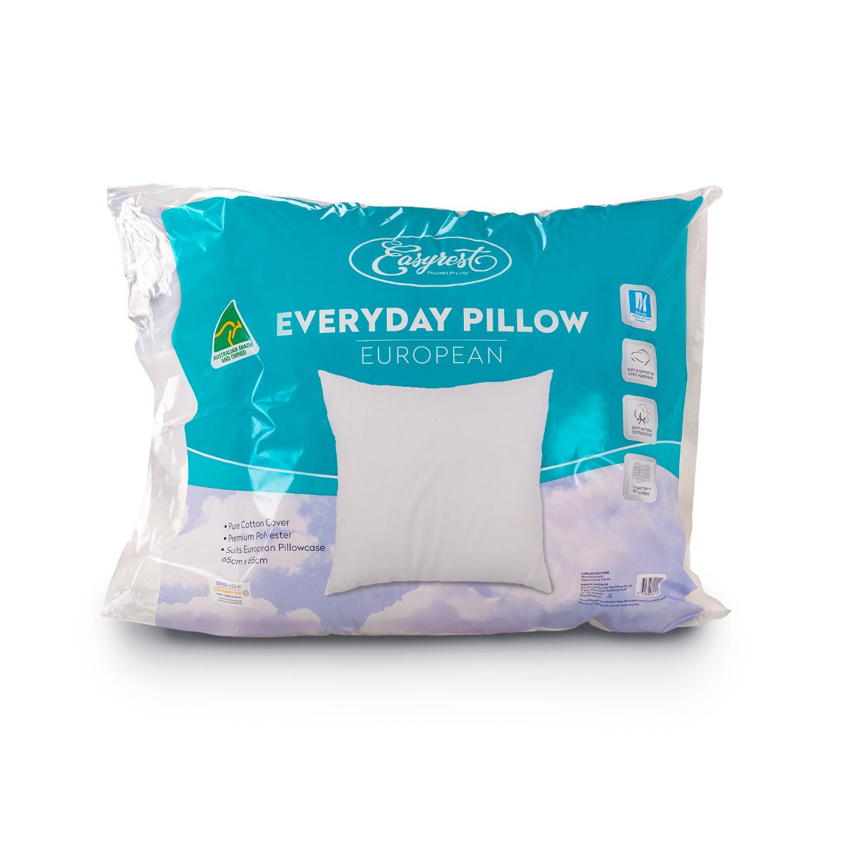 Easyrest Everyday European Pillow 65cm x 65cm - 100% Cotton, Non-allergenic, Australian Made - SuperSaverAU - view 1