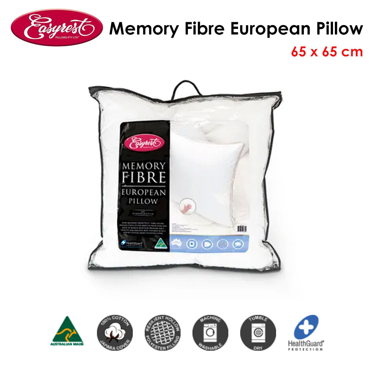 Easyrest Memory Fibre European Pillow 65 x 65 cm - 100% Memotech, Cotton Cover, Made in Australia - SuperSaverAU - view 2